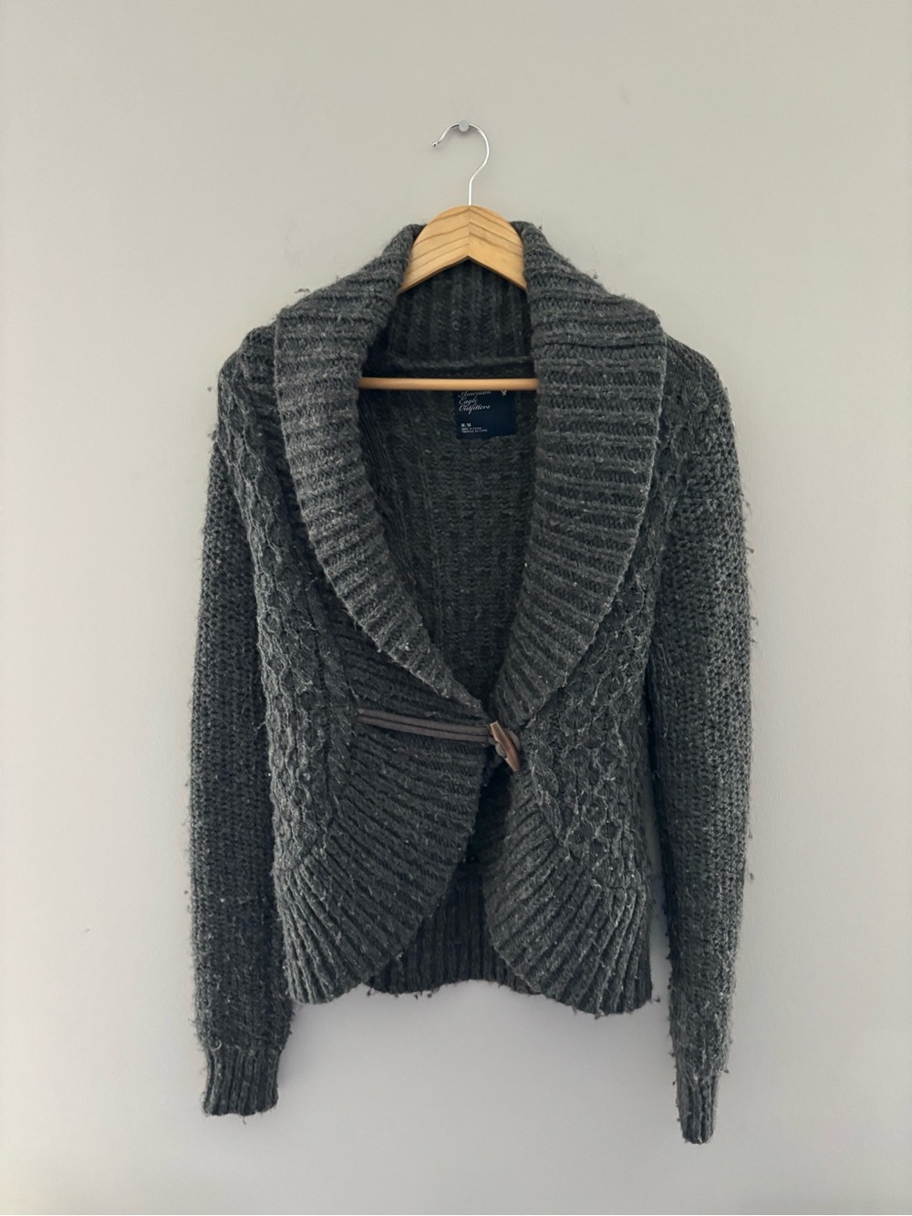 American Eagle Wool Blend Shawl Collar Chunky Knit Cardigan Sweater Gray Medium